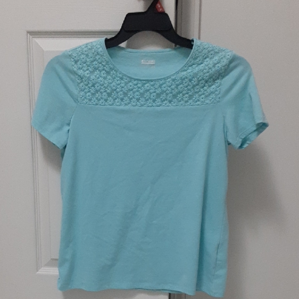 Basic Editions light blue top with floral lace design. Size medium.